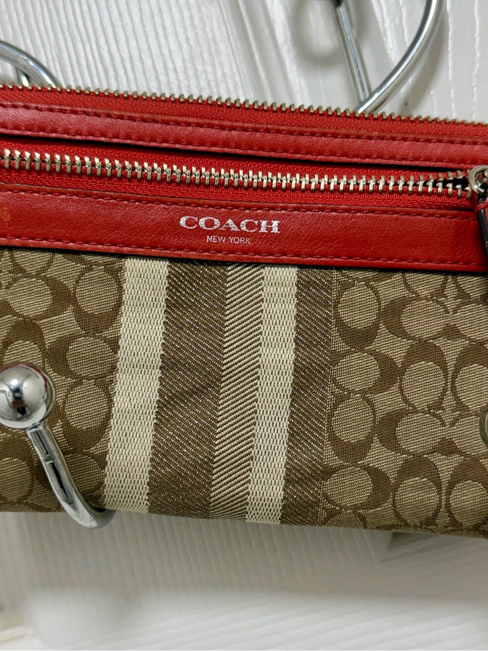 Coach Brown Signature Canvas Wristlet with Red Leather Trim